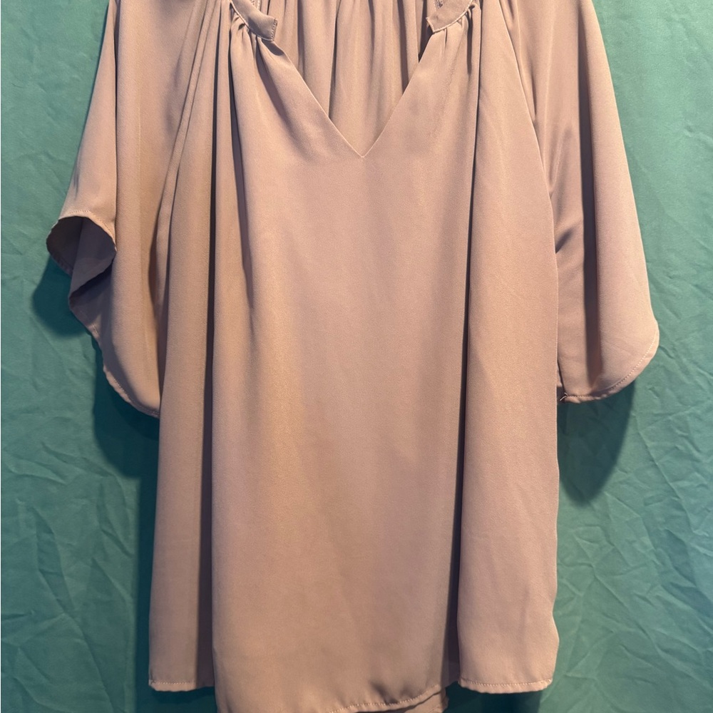 Tan Relaxed Blouse with Ruched Bell Sleeves